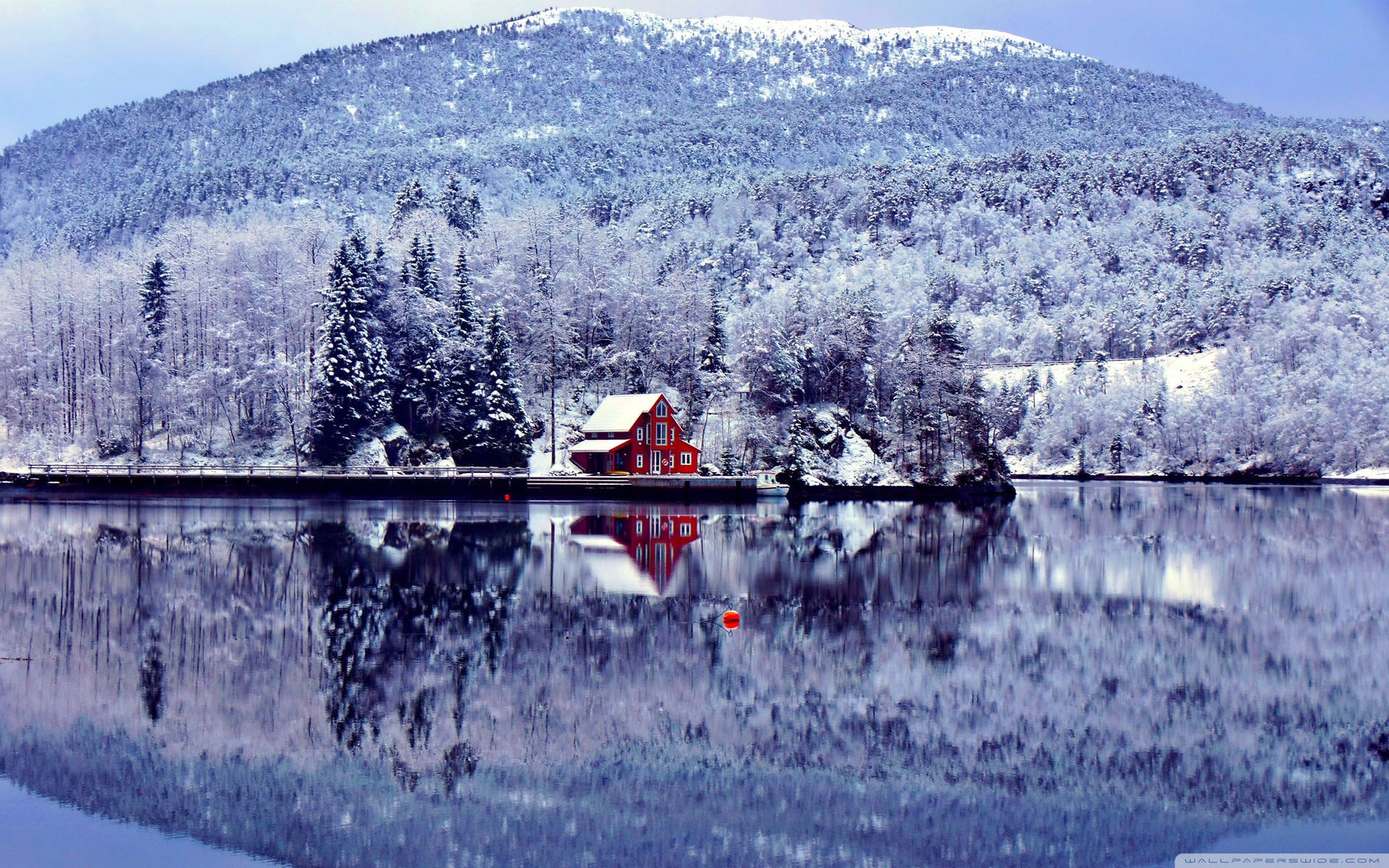 Lakeside Cabin Winter Landscape