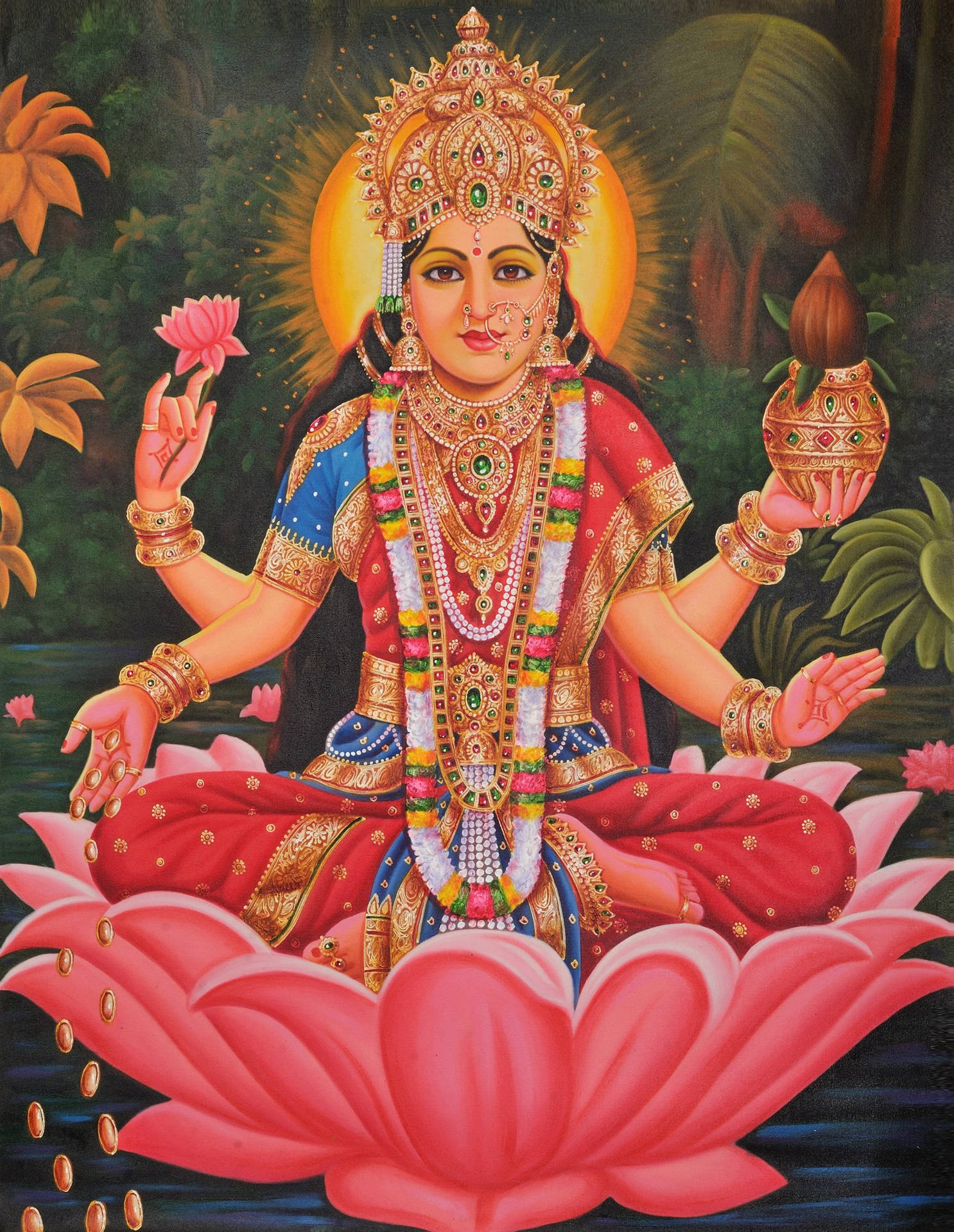 Lakshmi Devi In A Pond Background