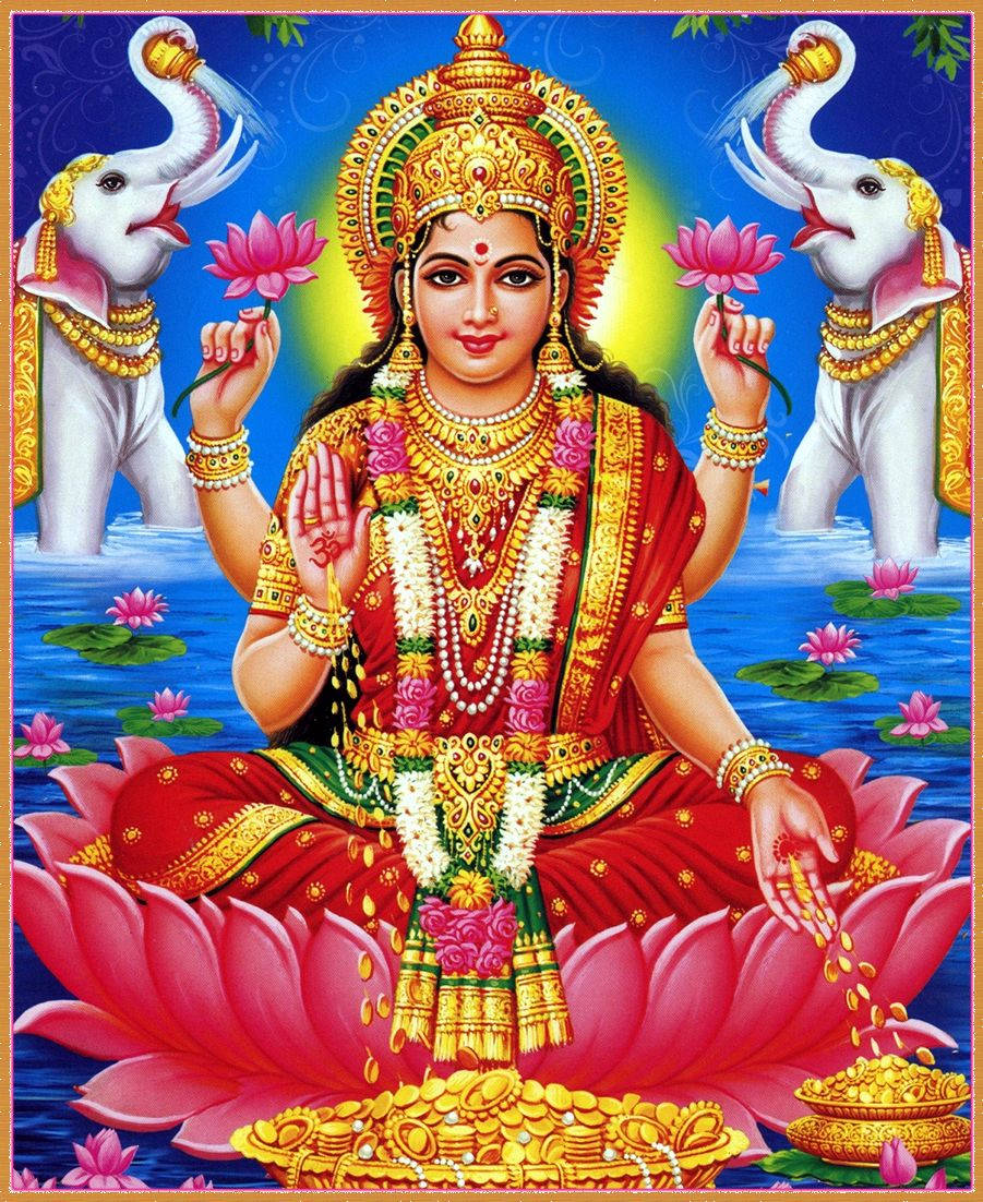 Lakshmi Devi Releasing Coins Blue Background Background
