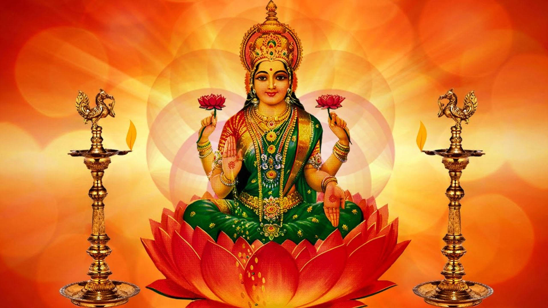 Lakshmi Devi Seated Between Two Lamps Background