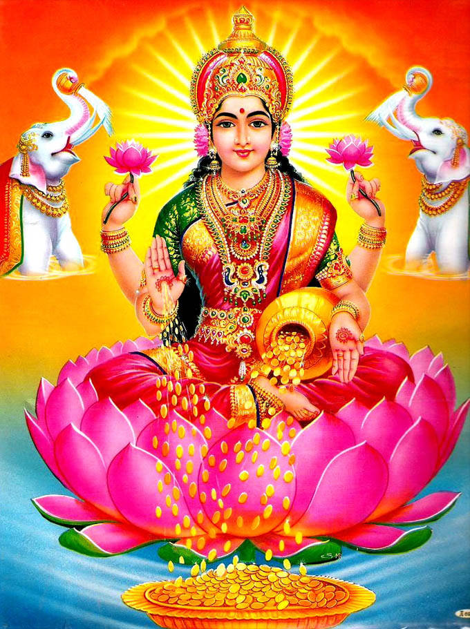 Lakshmi Devi With Coins Orange Background Background