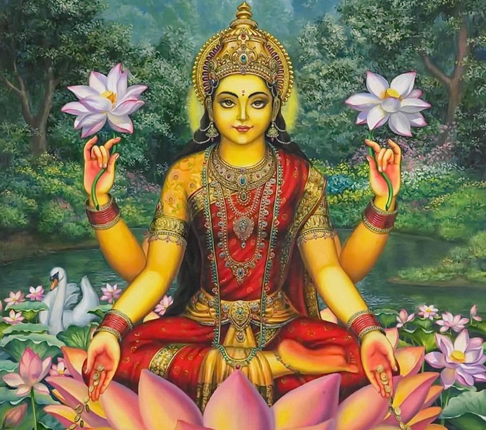 Lakshmi On Lake With Lotus Background
