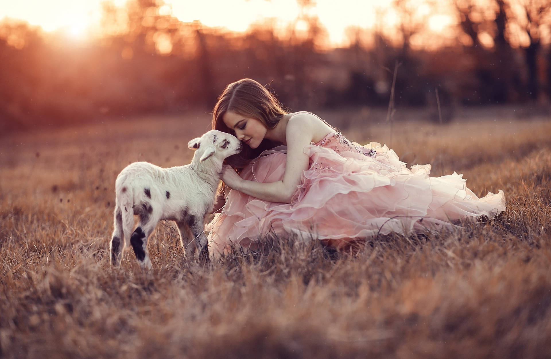 Lamb With Girl Vintage Aesthetic Background