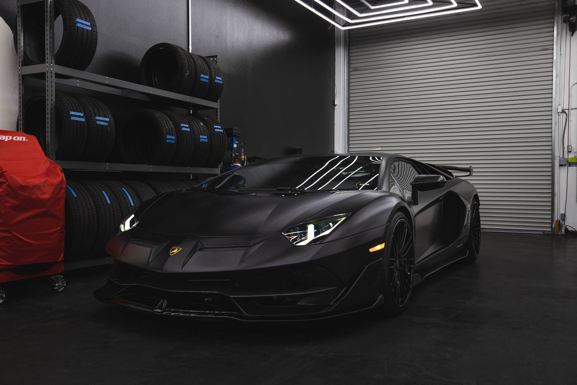 Lamborghini Aventador In Black Sports Cars Garage Background