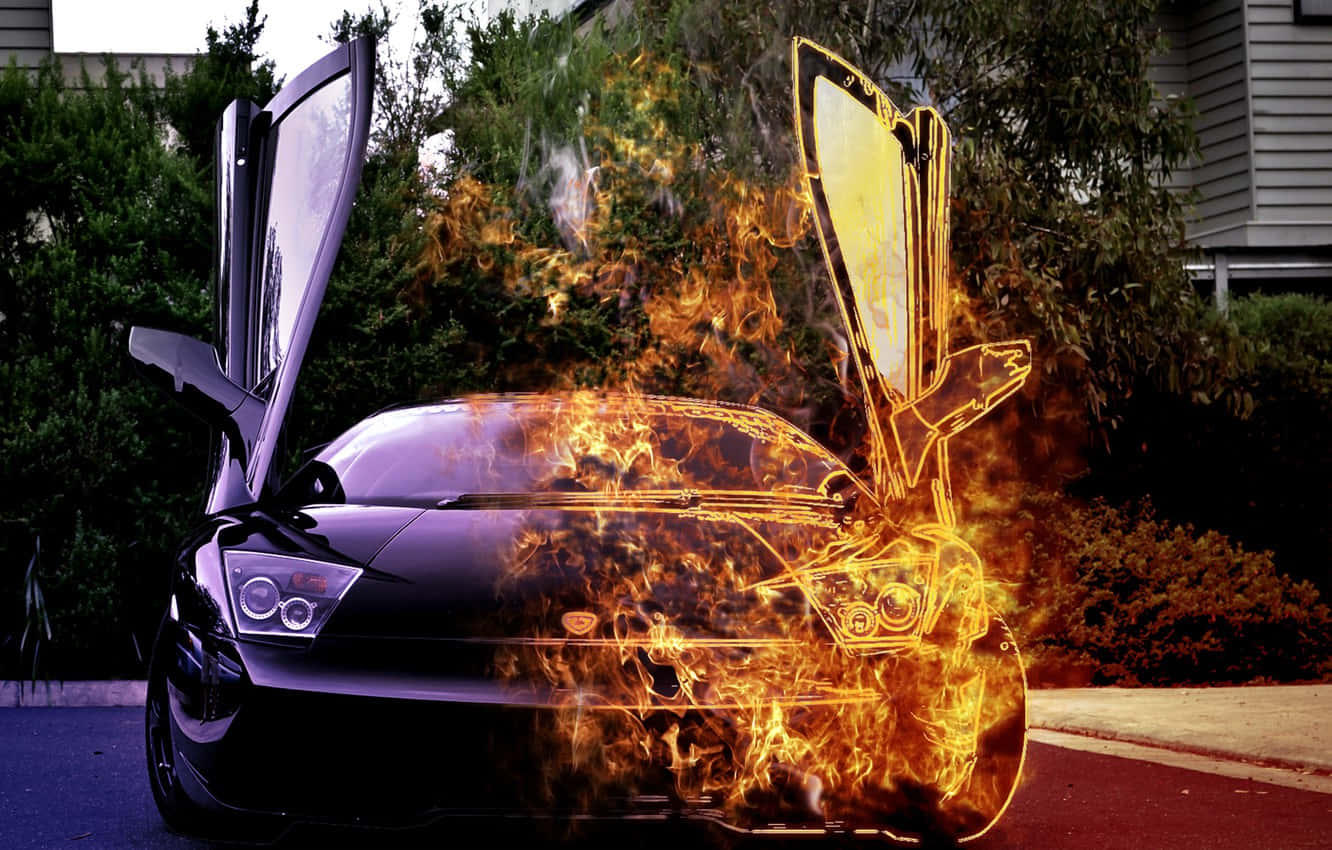 Lamborghini On Fire Half Flame Background