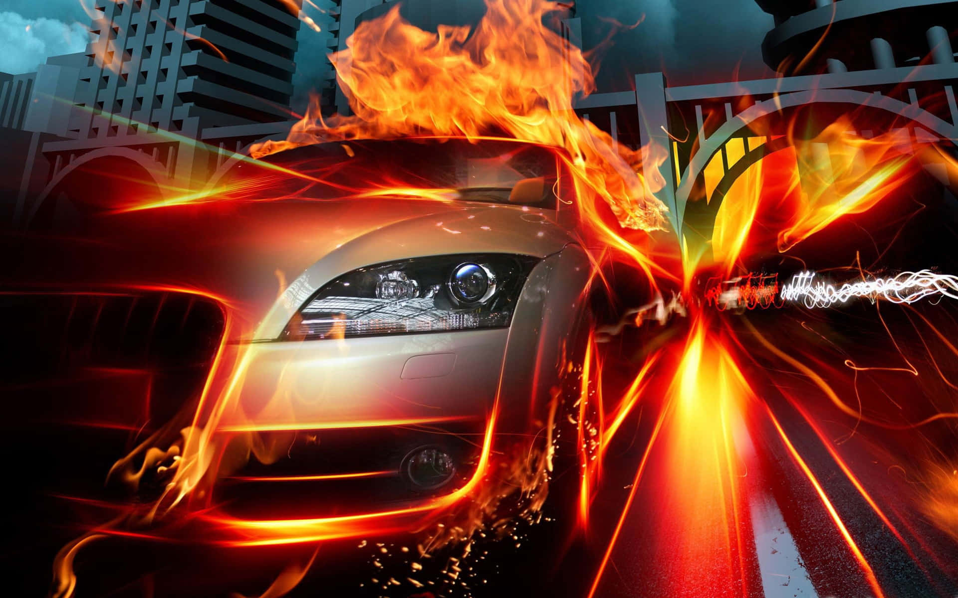 Lamborghini On Fire In City Background