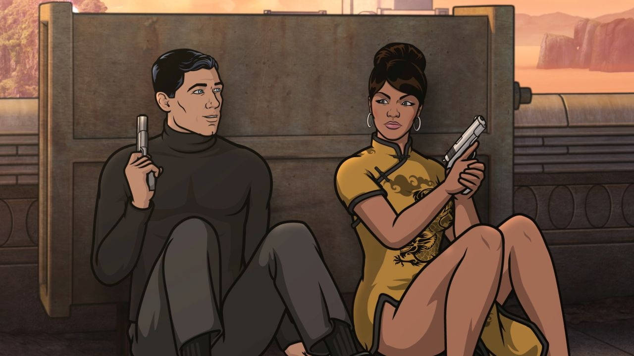 Lana And Archer Holding Guns Background