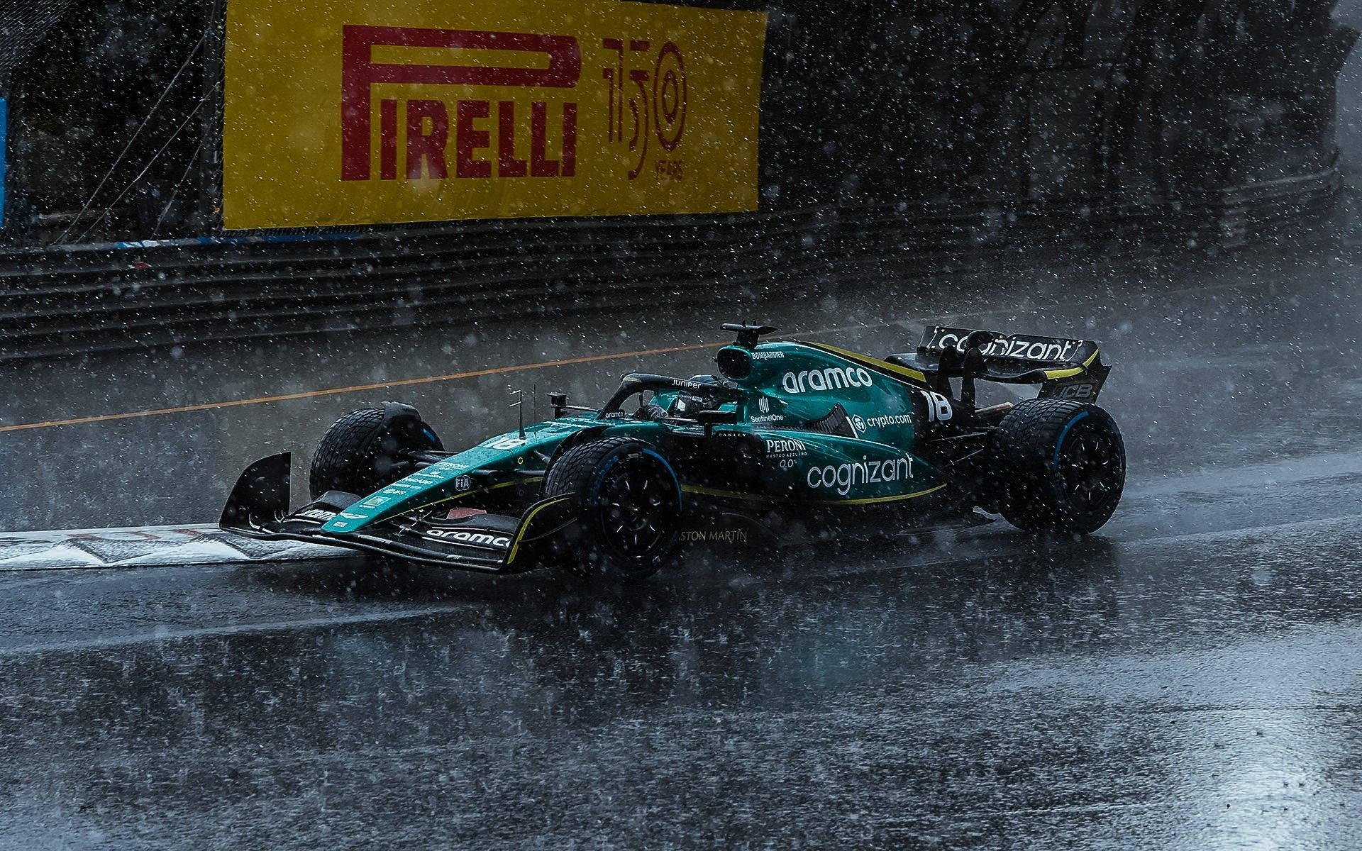 Lance Stroll Car Under The Rain Background