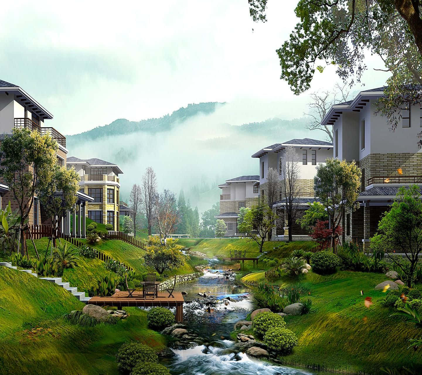 Landscape Village With Contemporary Chinese Houses Background