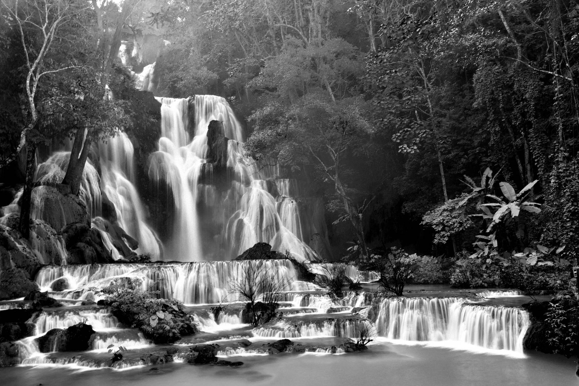 Laos Greyscale Kuang Si Falls Background