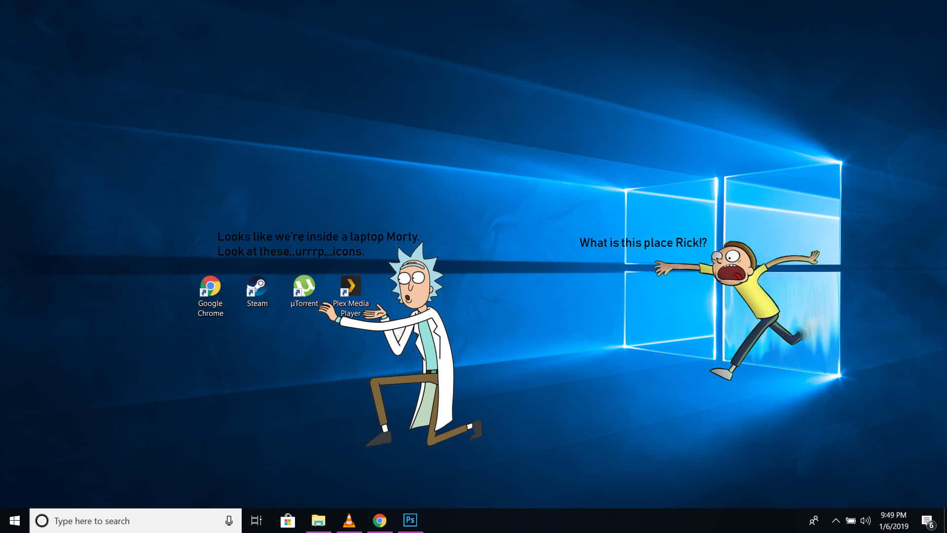 Laptop Featuring Rick And Morty Against A Sea Of Stars Background