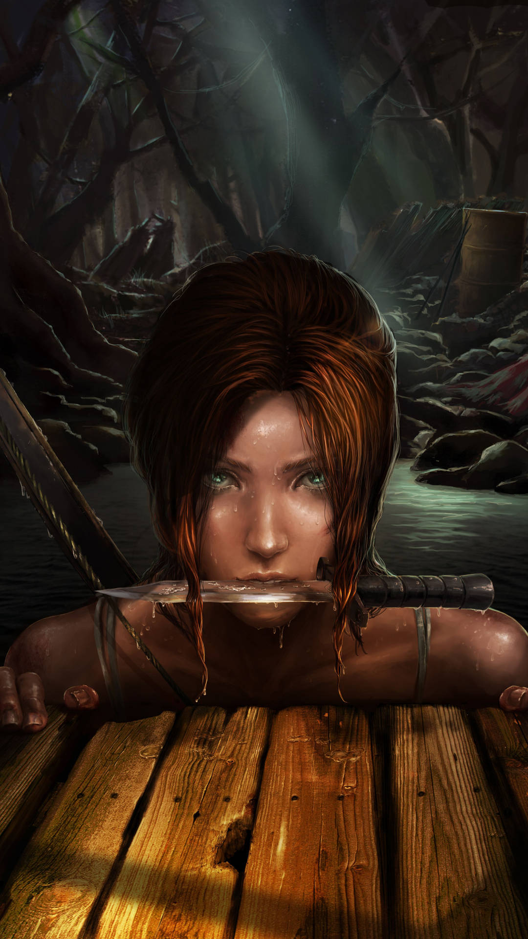 Lara Croft Iphone Biting Knife Background