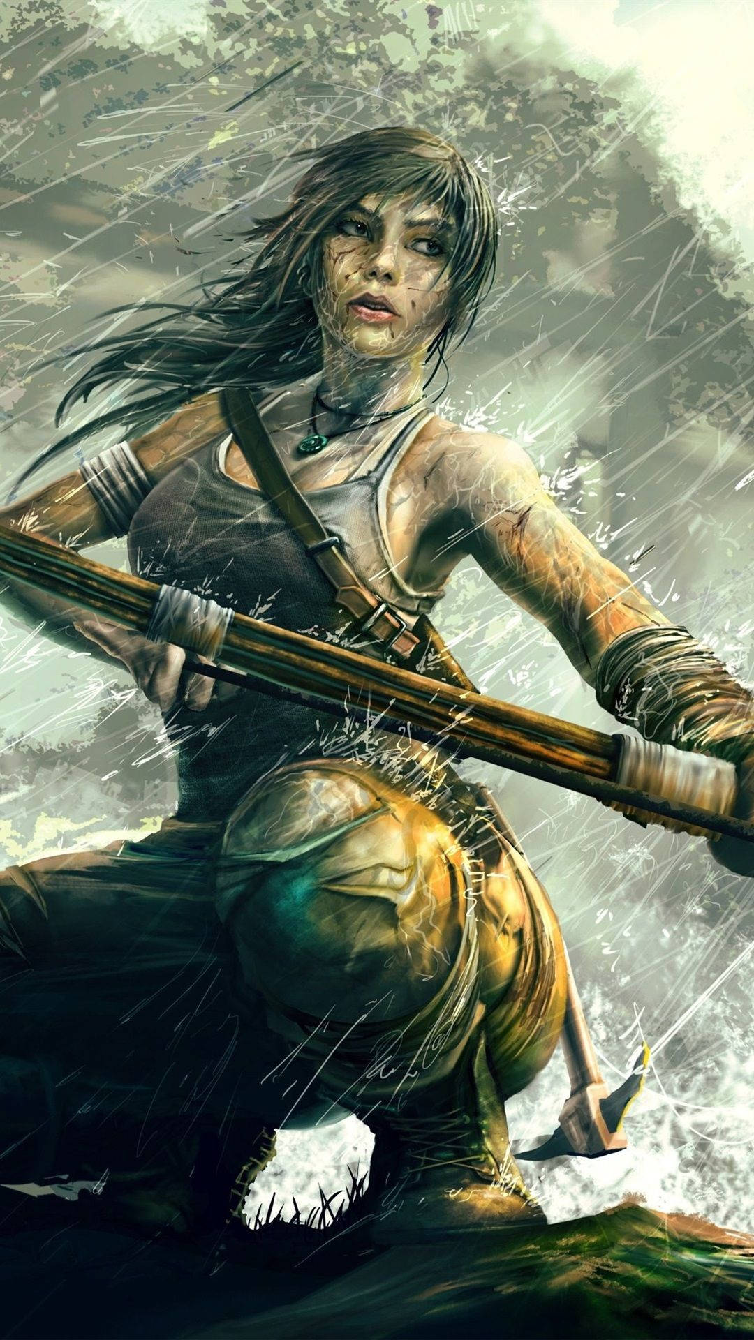 Lara Croft Iphone Bow In Rain Background