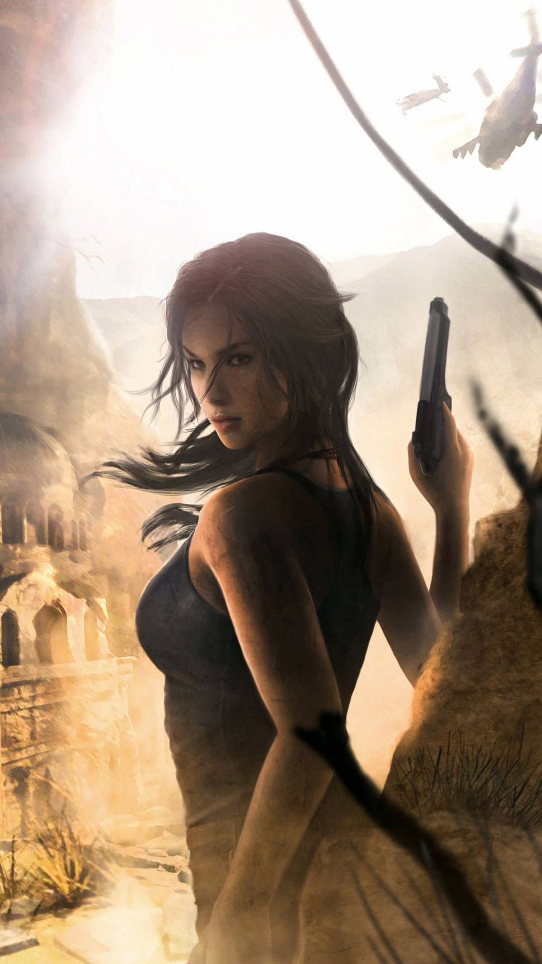 Lara Croft Iphone Holding Gun Background