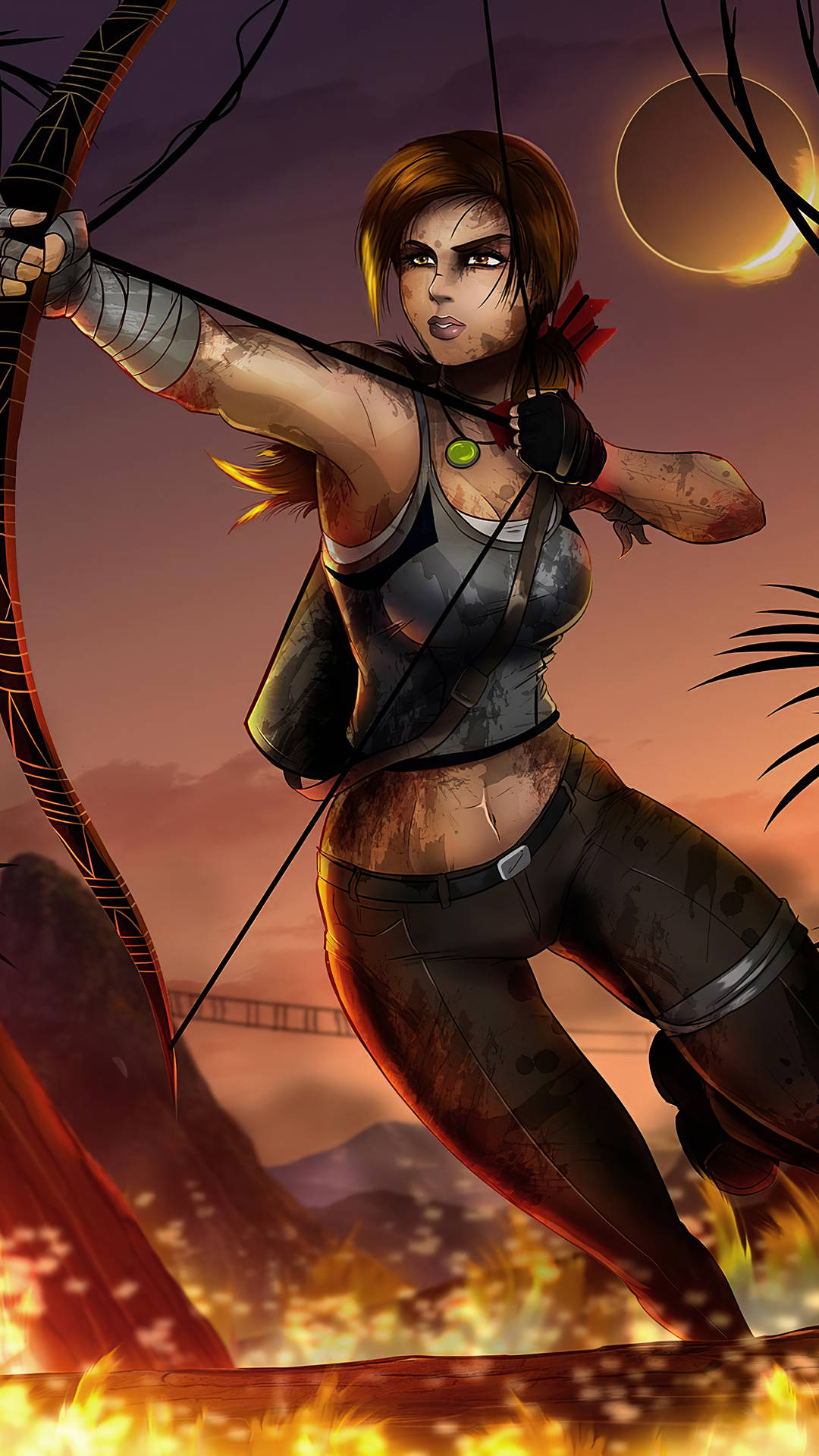 Lara Croft Iphone On Fiery Path Background