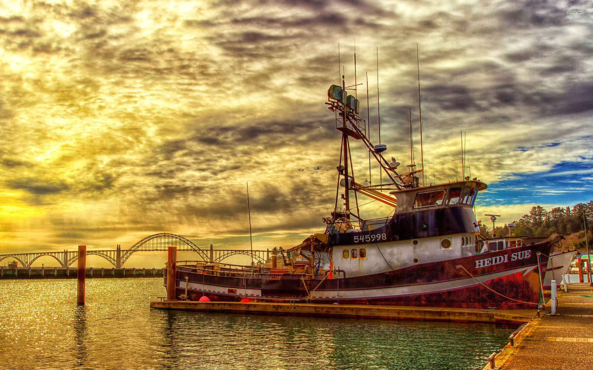 Large Fishing Boat In The Harbor Background