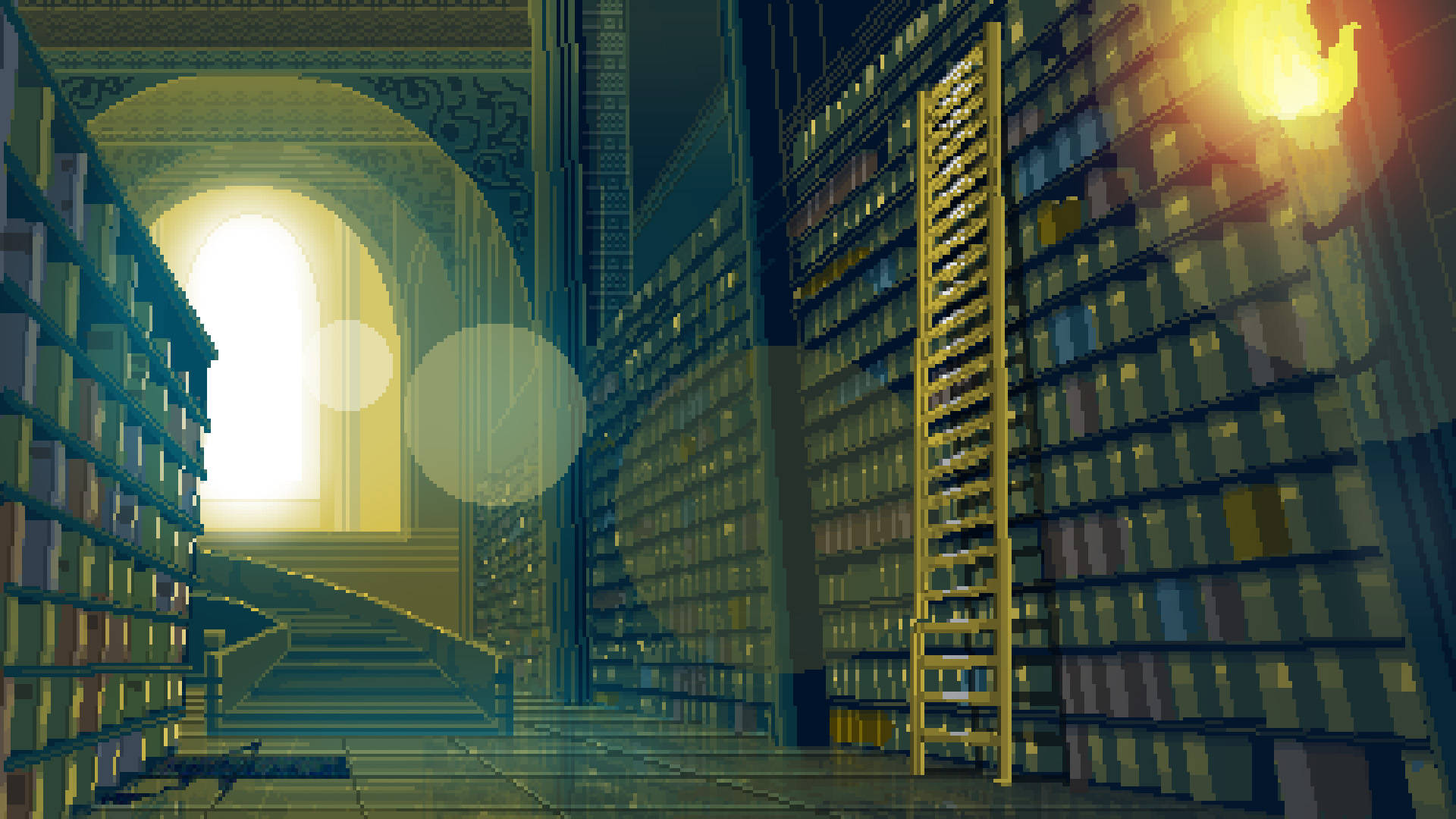 Large Library In Aesthetic Pixel Art Background