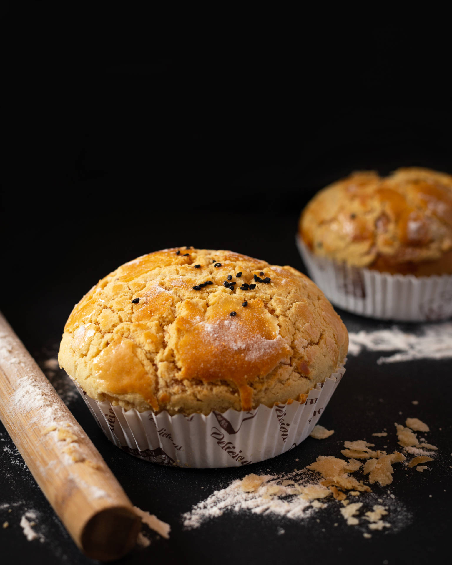 Large Muffins With Rolling Pin Background