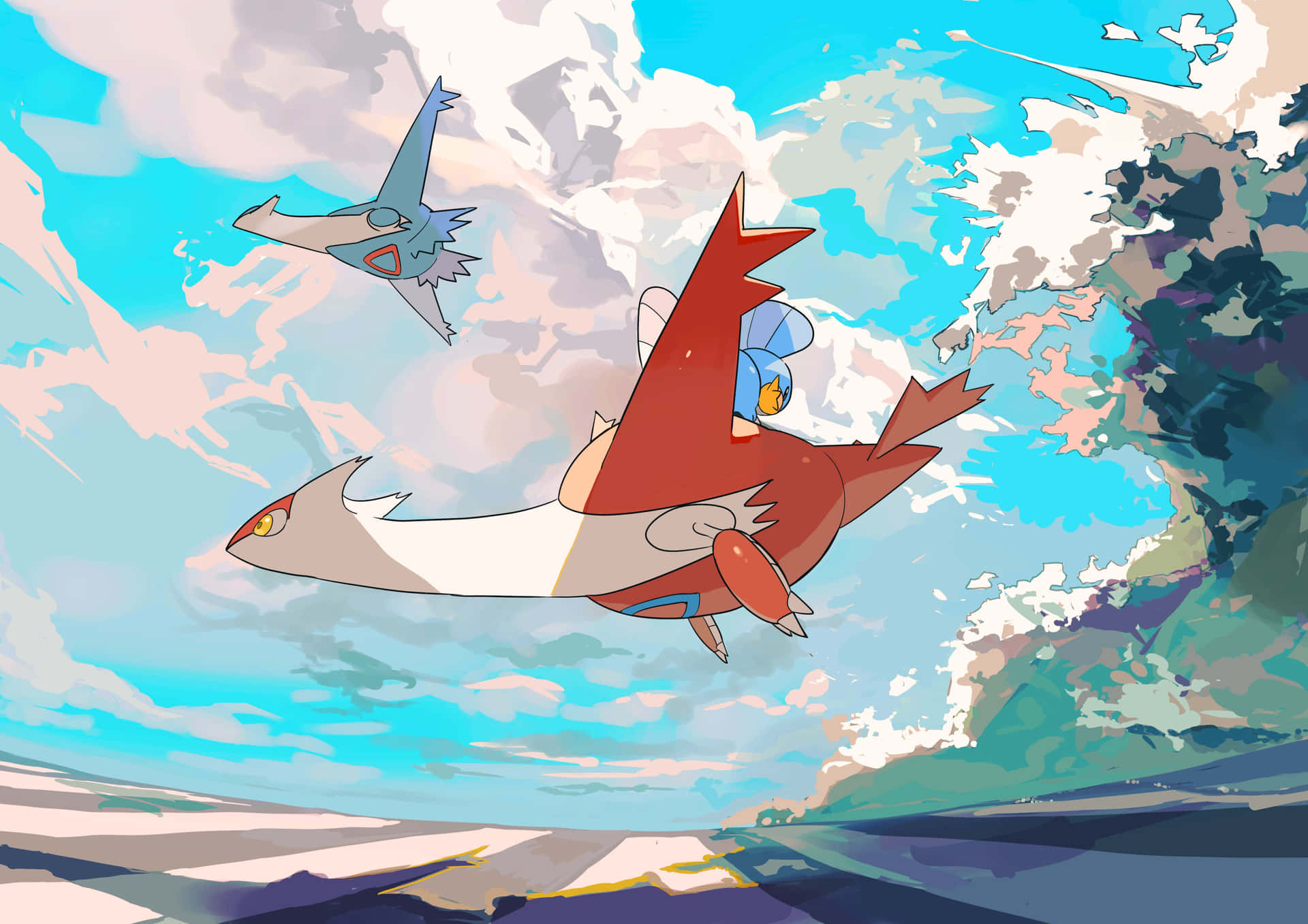 Latios And Latias Flying With Huge Wave Background
