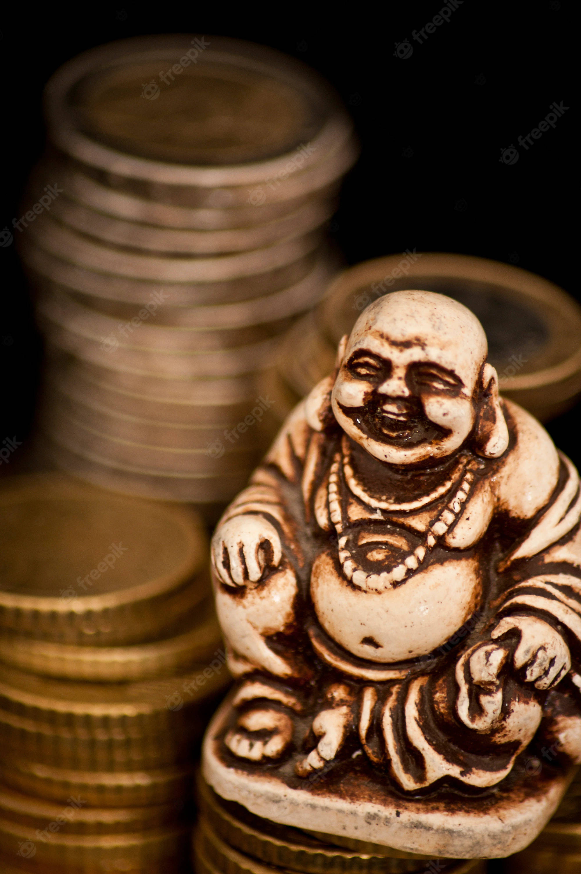 Laughing Buddha Alongside Prosperity Coins Background