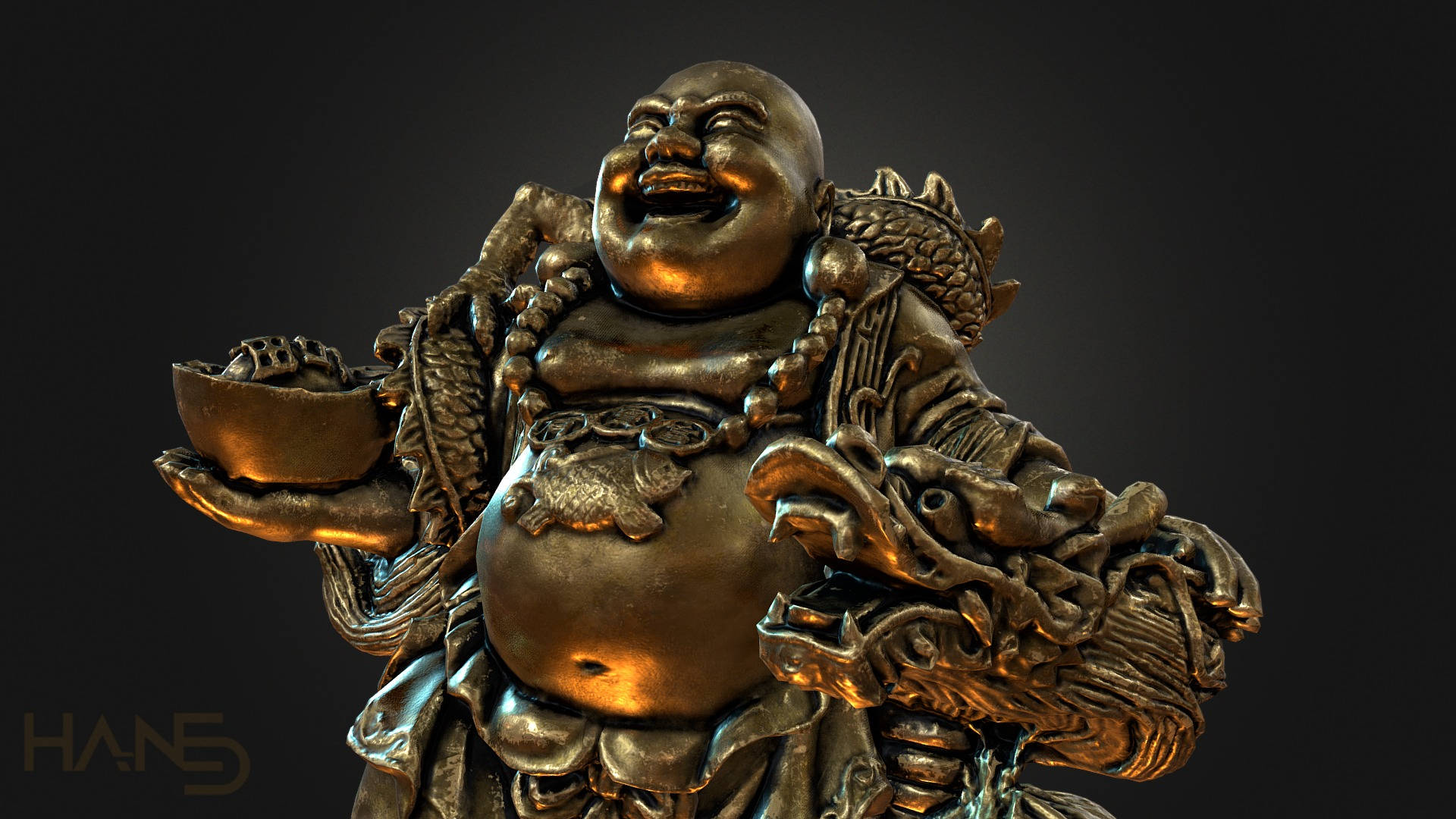 Laughing Buddha And Chinese Dragon Background