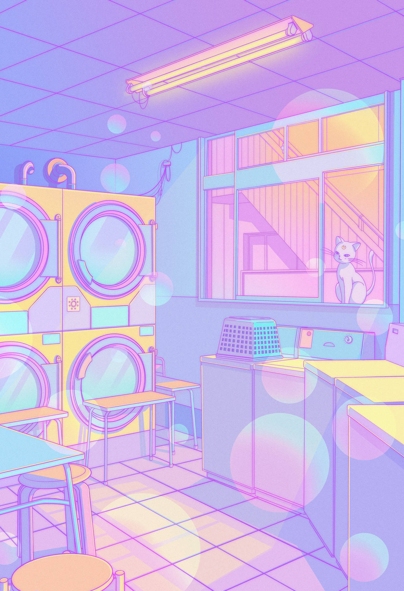 Laundry Shop In Pastel Japanese Aesthetic Background