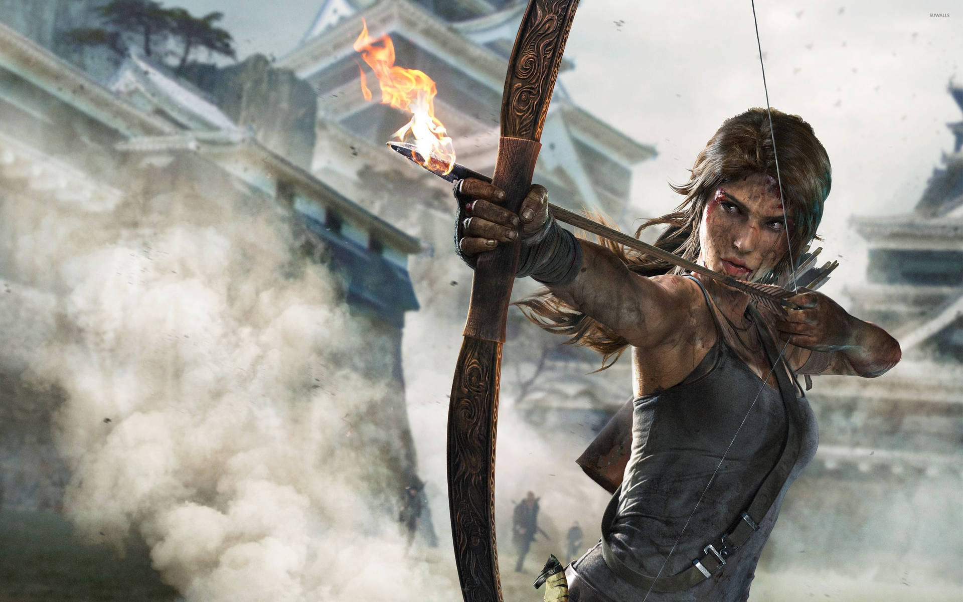 Laura Croft In Action As She Jumps From One Building Roof To Another In The Latest Tomb Raider Game. Background