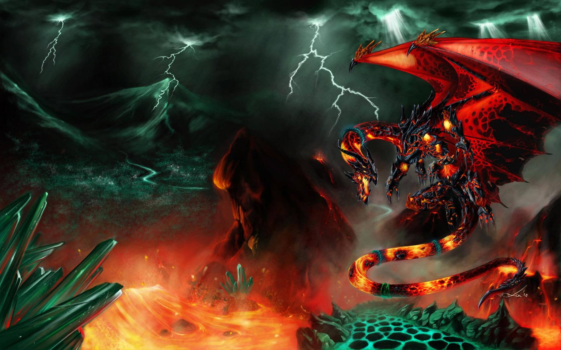 Lava Dragon Amidst Thunderstorms Background