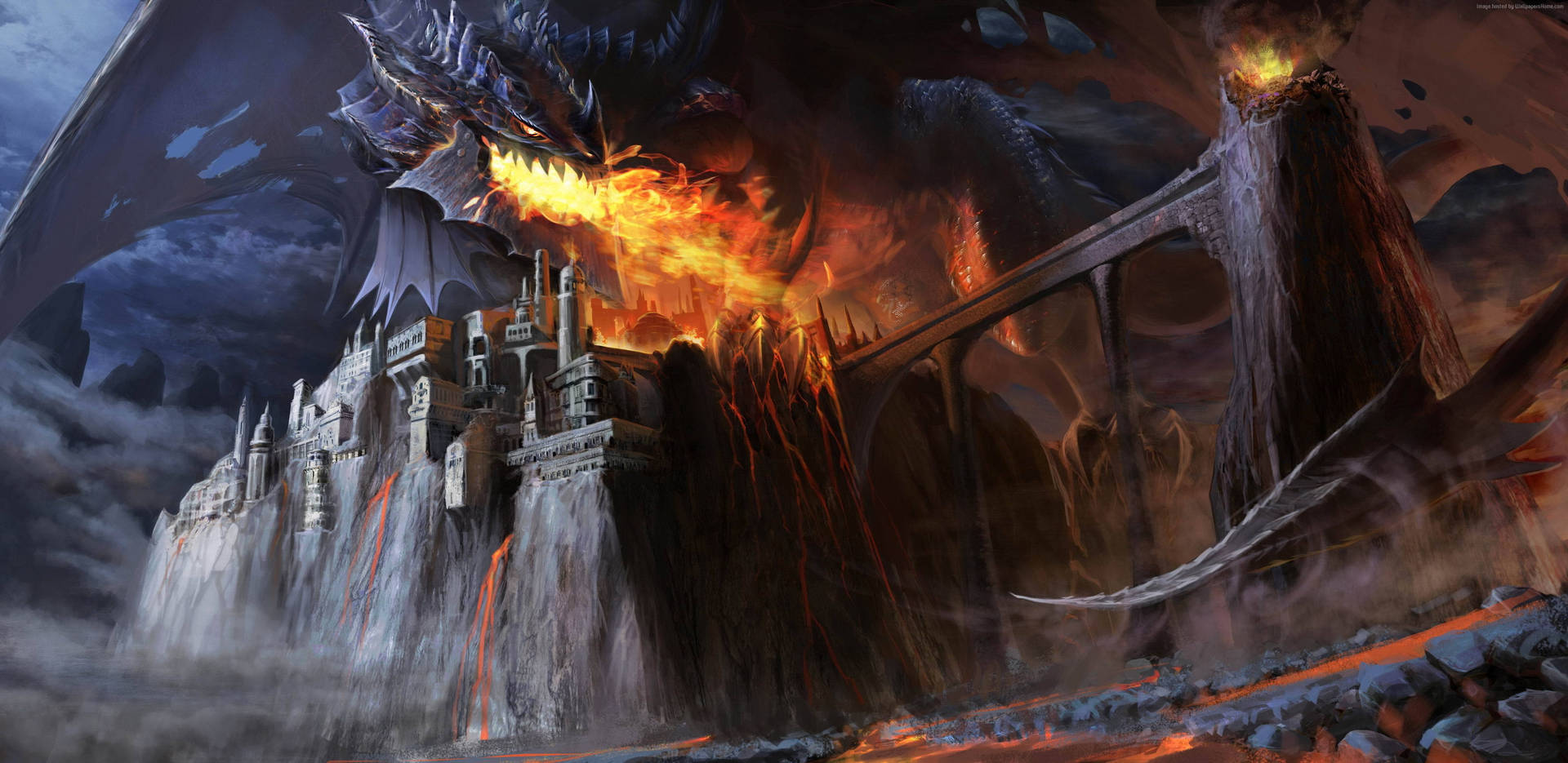 Lava Dragon Burning Castle Background