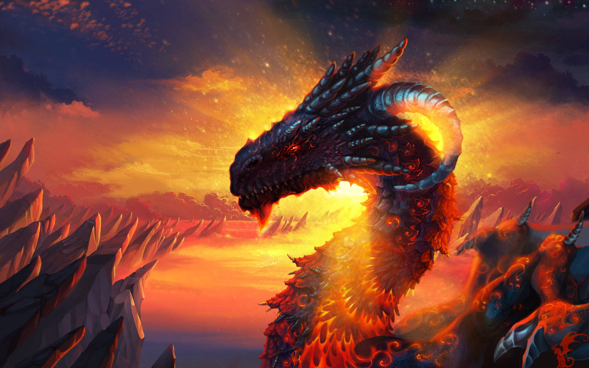 Lava Dragon Glowing Sunset Background