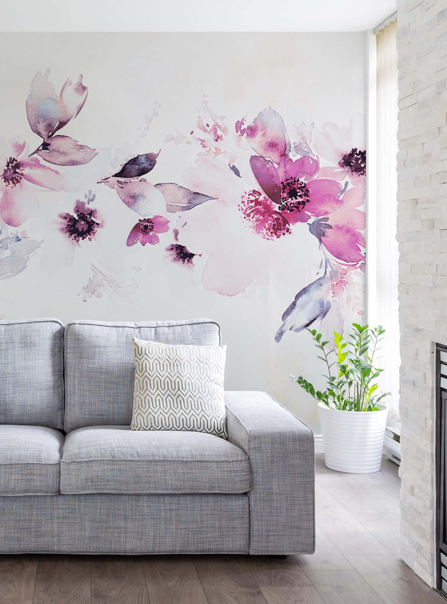 Lavender Watercolor Floral With White Sofa Background