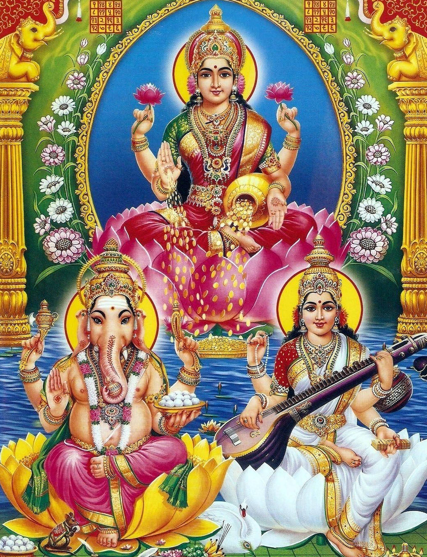 Laxmi Ganesh Saraswat Blue Waters Background