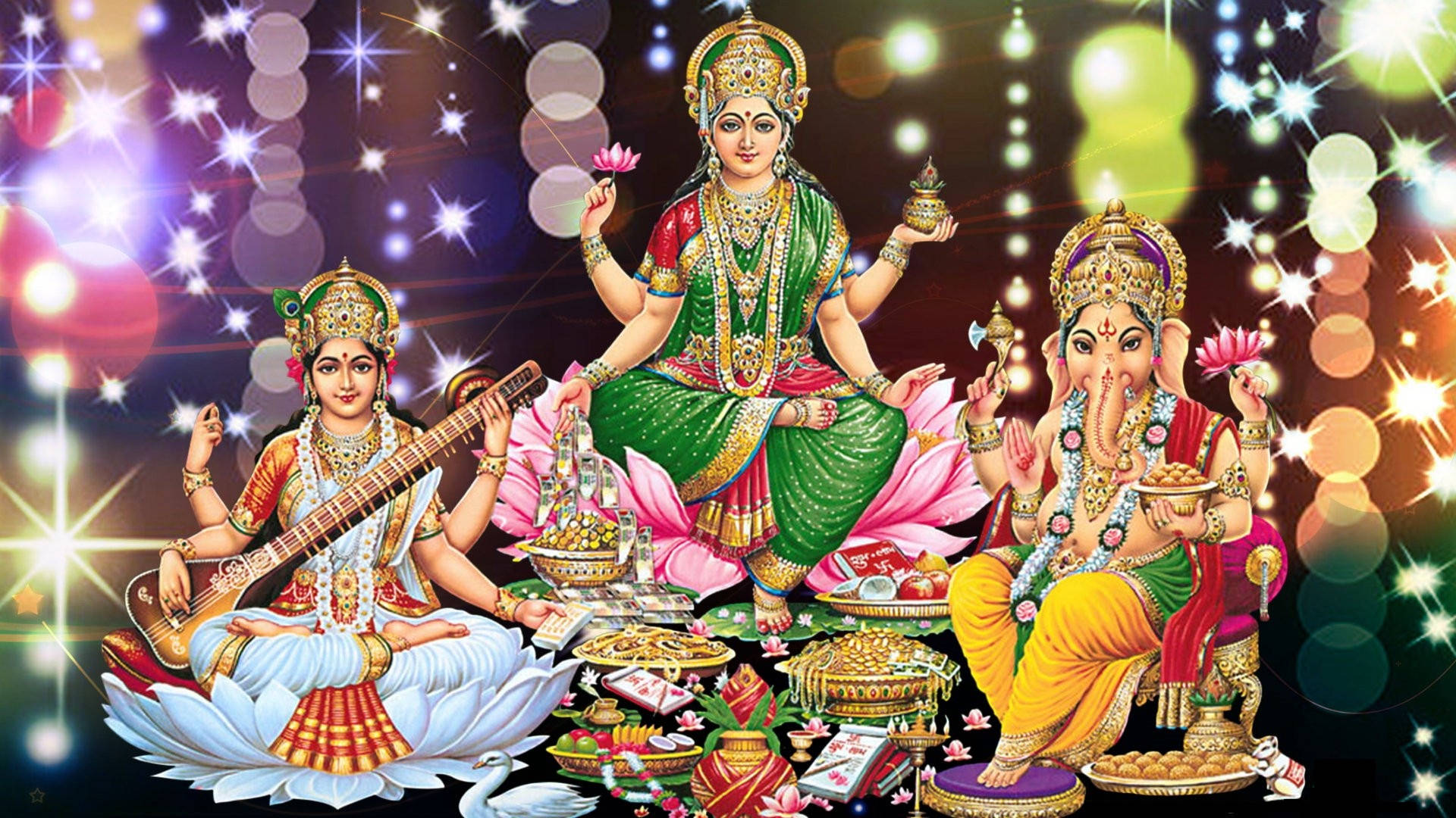 Laxmi Ganesh Saraswat Colorful Lights Background