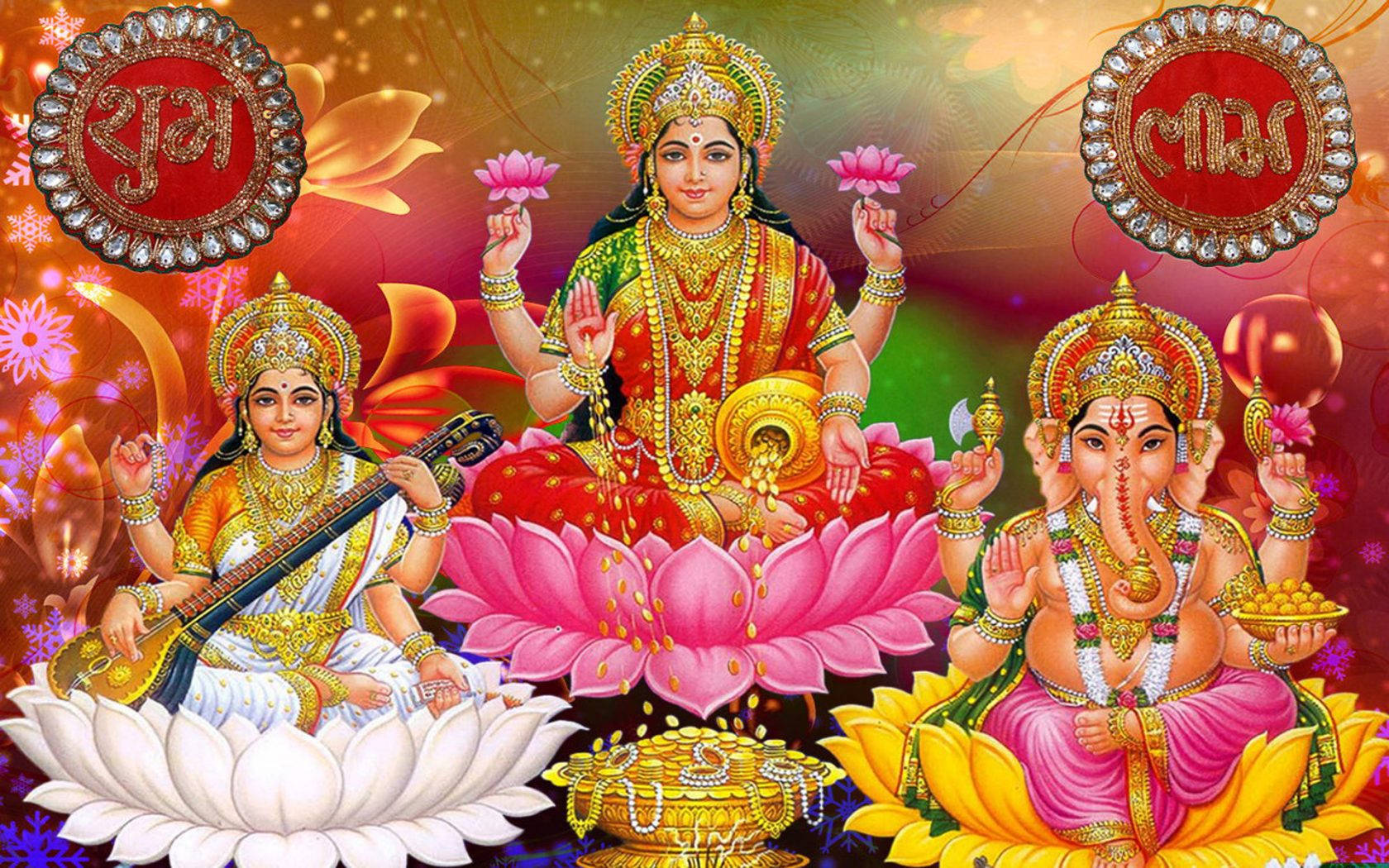 Laxmi Ganesh Saraswat Floral Art Background