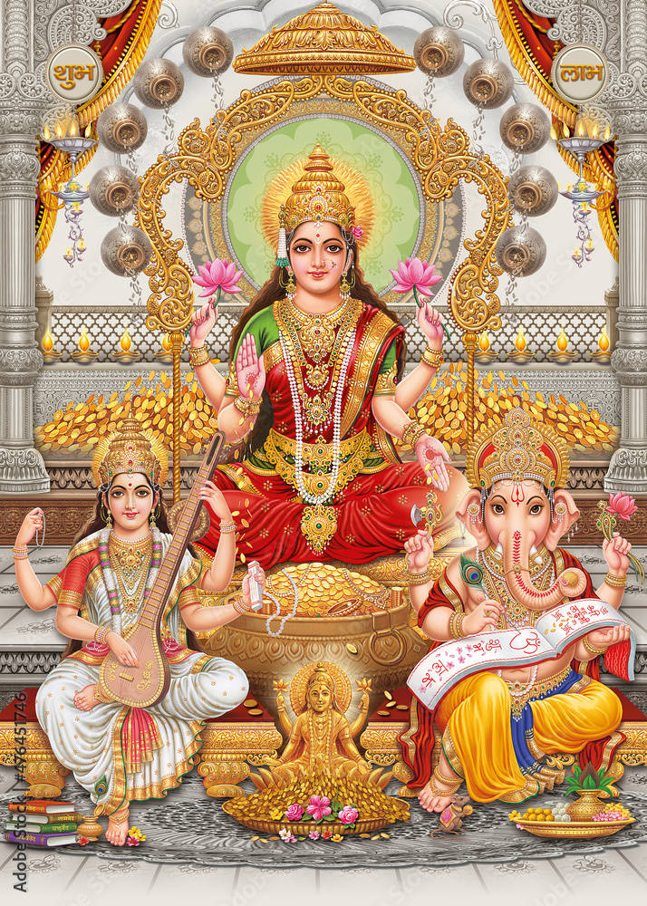 Laxmi Ganesh Saraswat Gold Coins Background