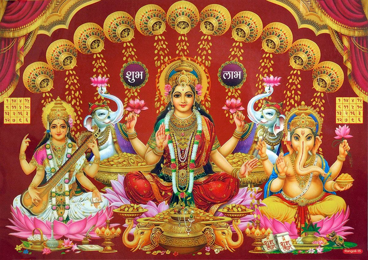 Laxmi Ganesh Saraswat Golden Pots Background