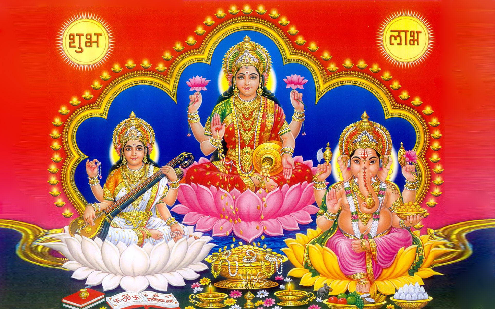 Laxmi Ganesh Saraswat Red And Blue Background