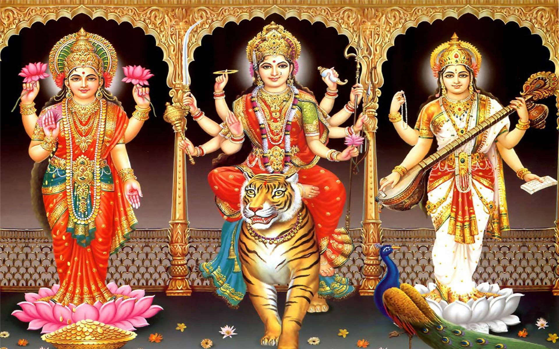 Laxmi Ganesh Saraswat Shiva Tiger Background