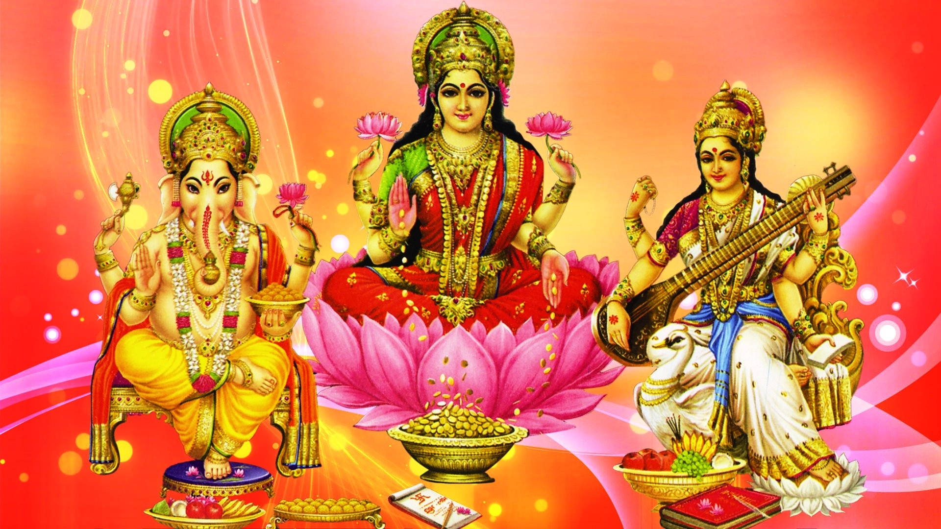 Laxmi Ganesh Saraswat Yellow Orange Art Background