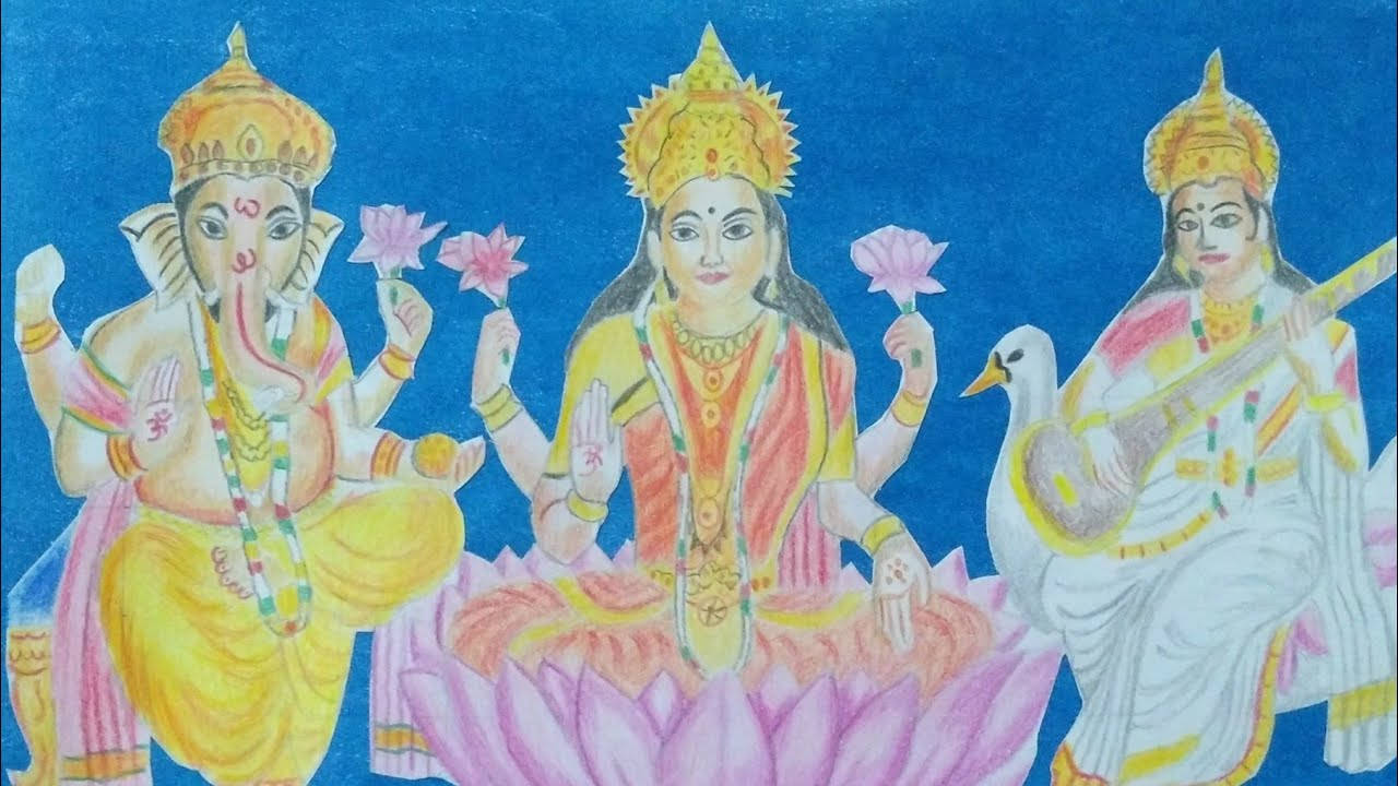 Laxmi Ganesh Saraswati Blue Drawing Background