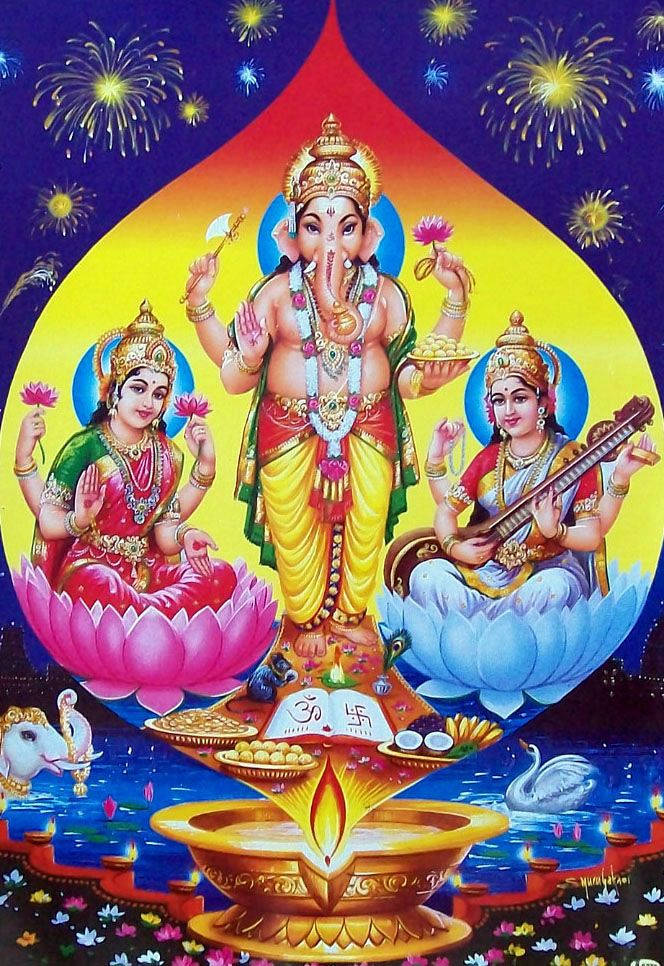 Laxmi Ganesh Saraswati Fireworks Art Background