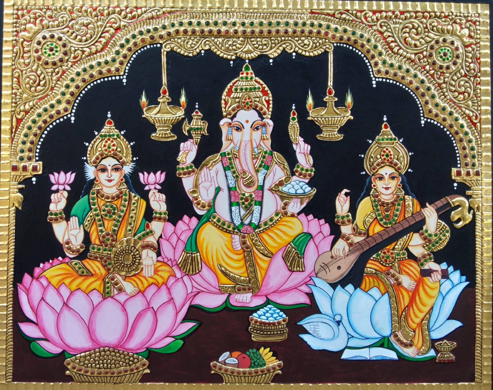 Laxmi Ganesh Saraswati Golden Frame