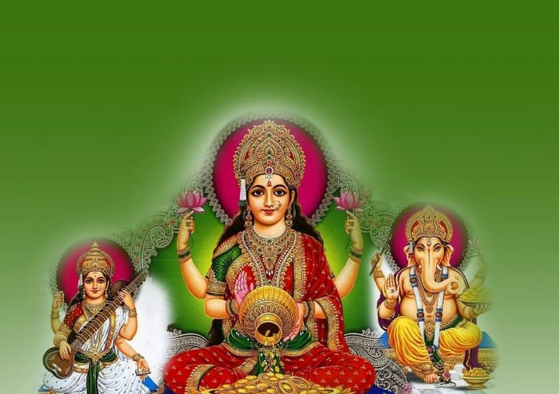 Laxmi Ganesh Saraswati Green Background Background