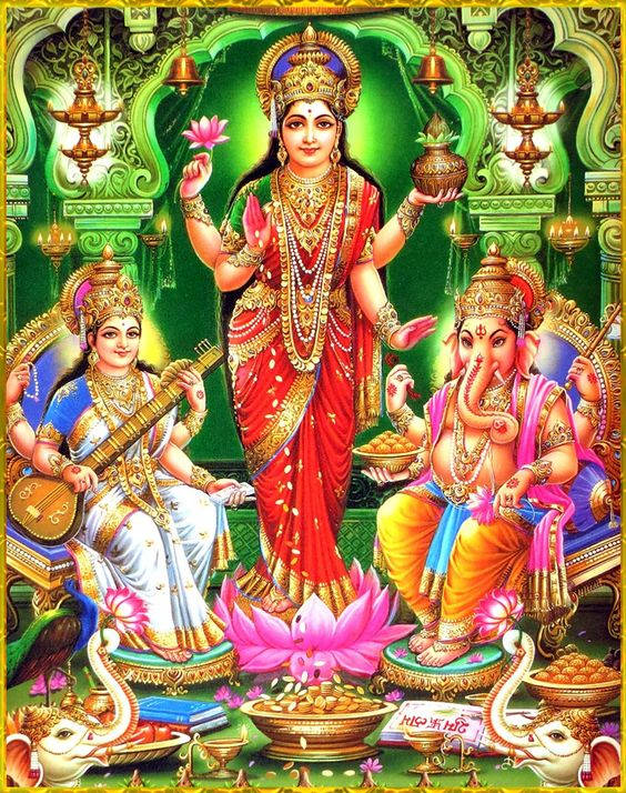 Laxmi Ganesh Saraswati Neon Green Temple Background