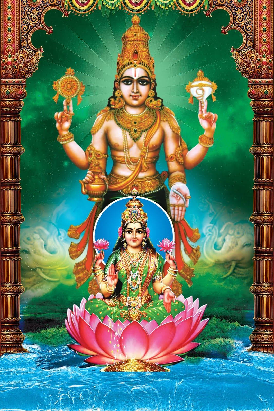 Laxmi Narayan Vishnu Standing Over Lakshmi Green Aesthetic