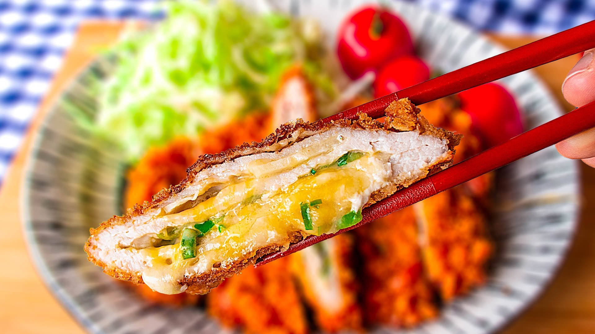 Layered Pork Tonkatsu On Chopsticks Background