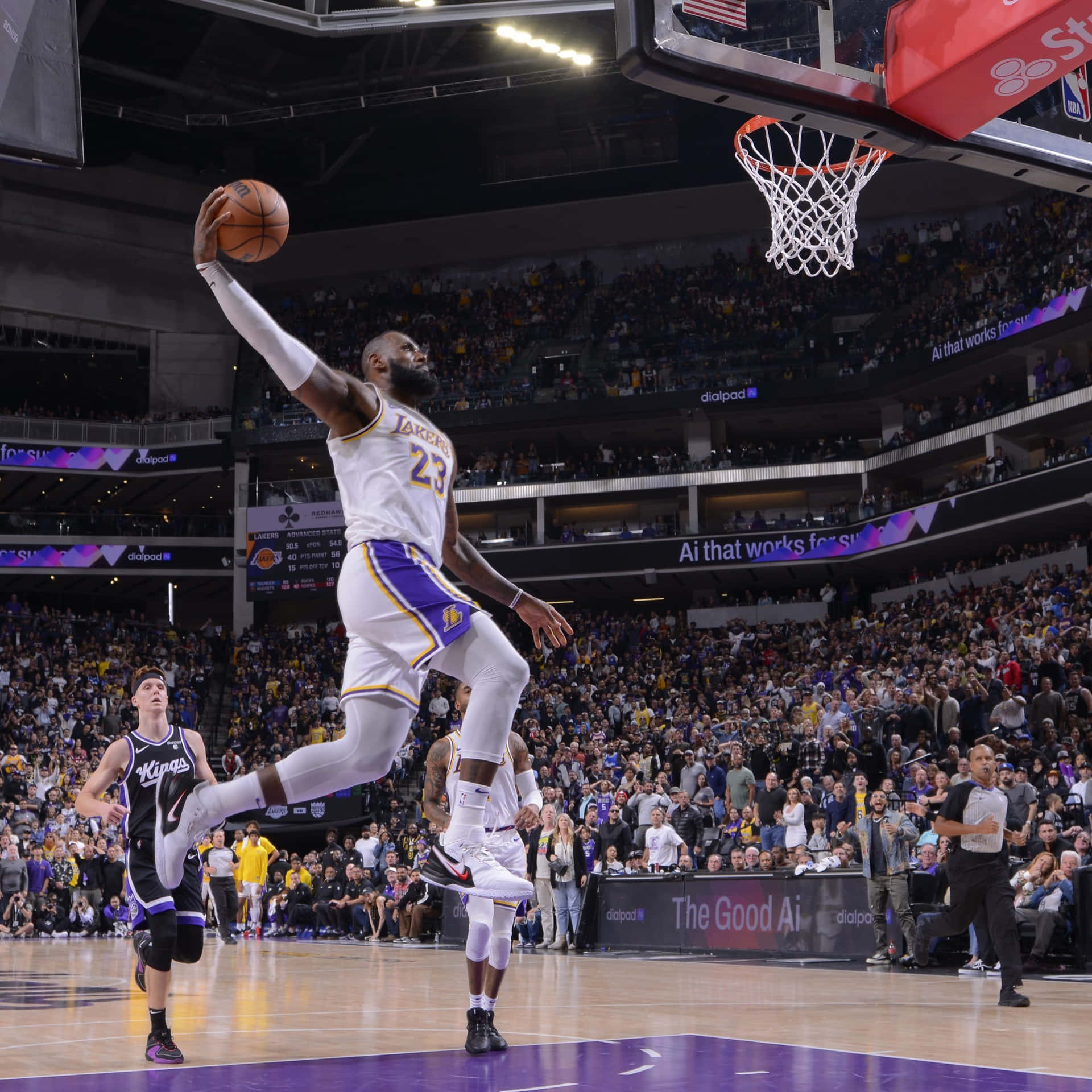 Le Bron_ James_ Soaring_ Dunk_ Lakers_ Game Background