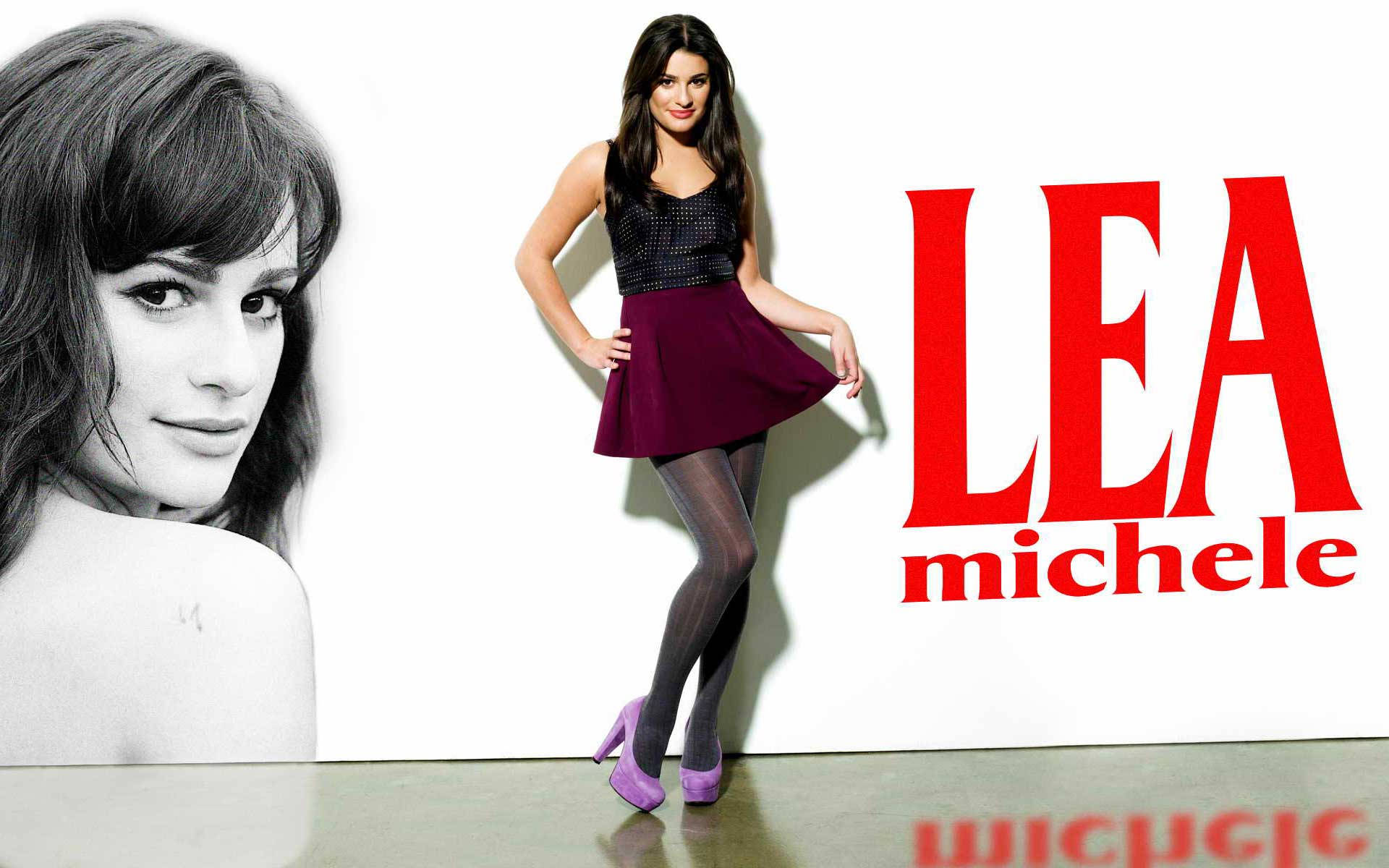 Lea Michele Black Top Maroon Skirt Background