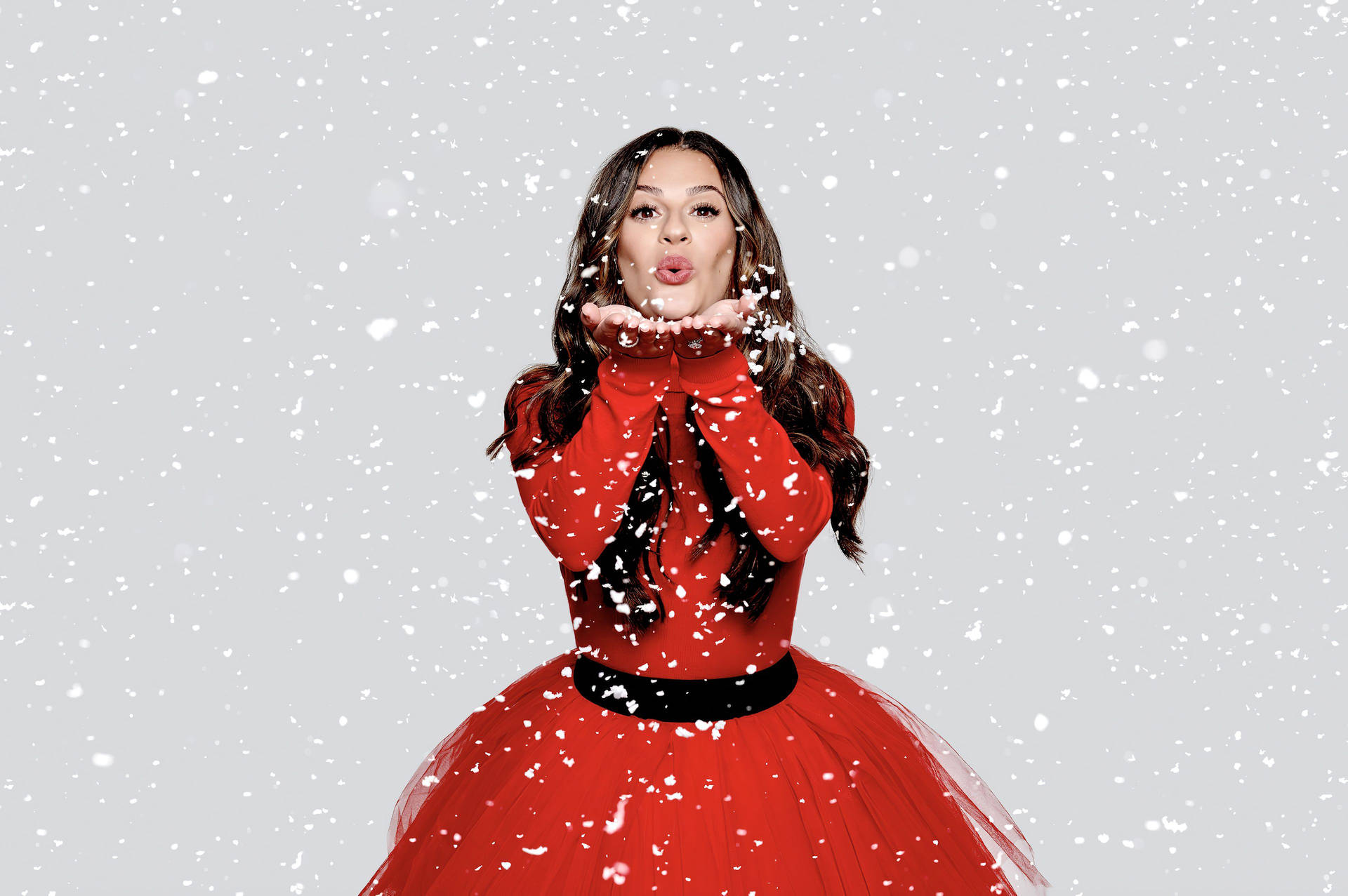 Lea Michele Christmas Red Dress Background