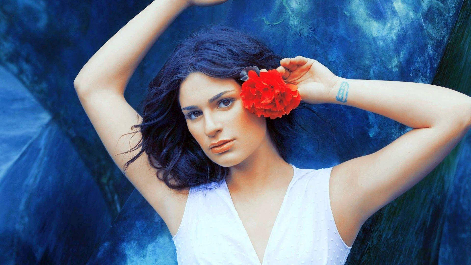 Lea Michele Red Flower On Ear Background